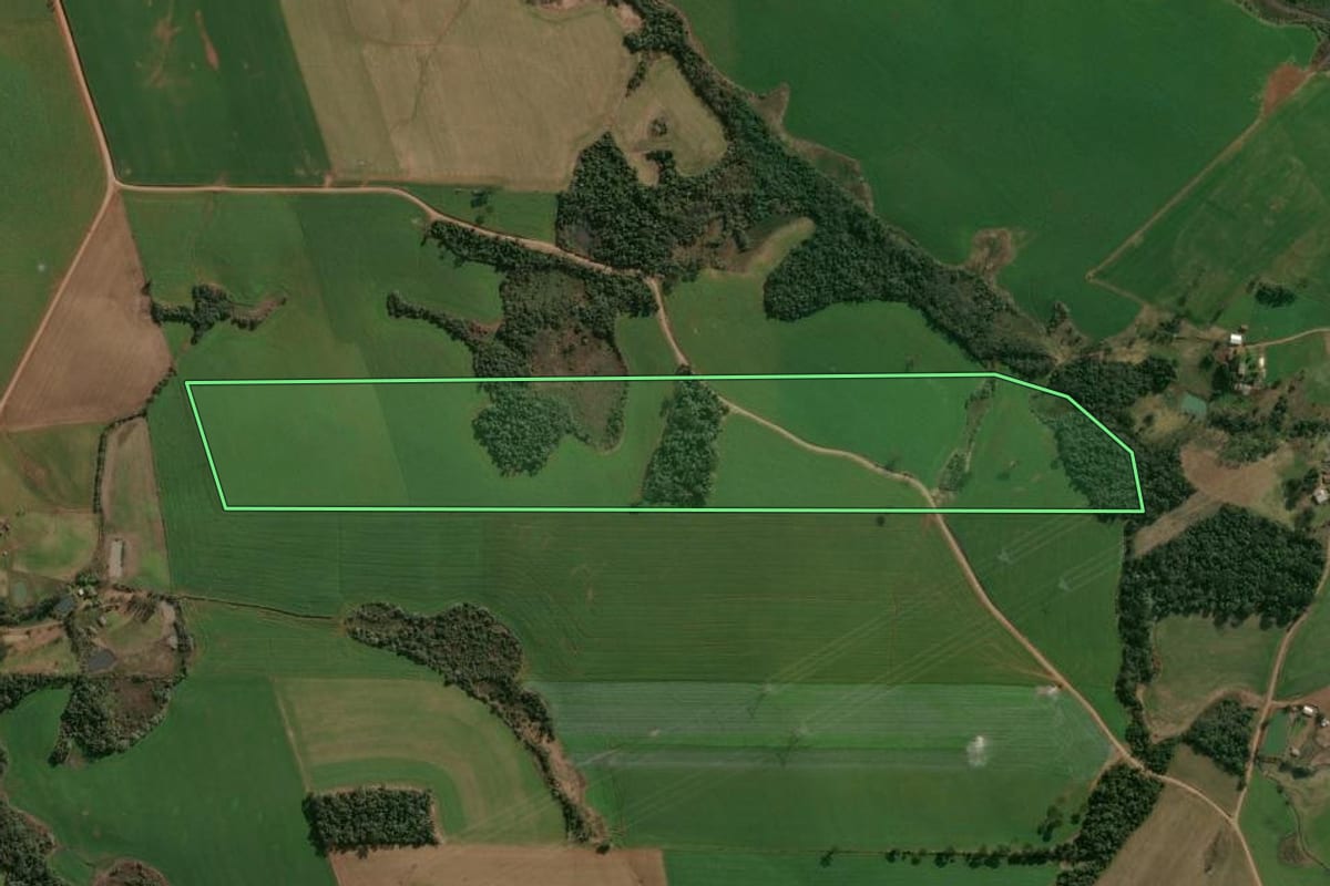 Imagem de satélite do imóvel rural em Faxinalzinho (RS), com o contorno declarado no CAR desenhado por cima.
