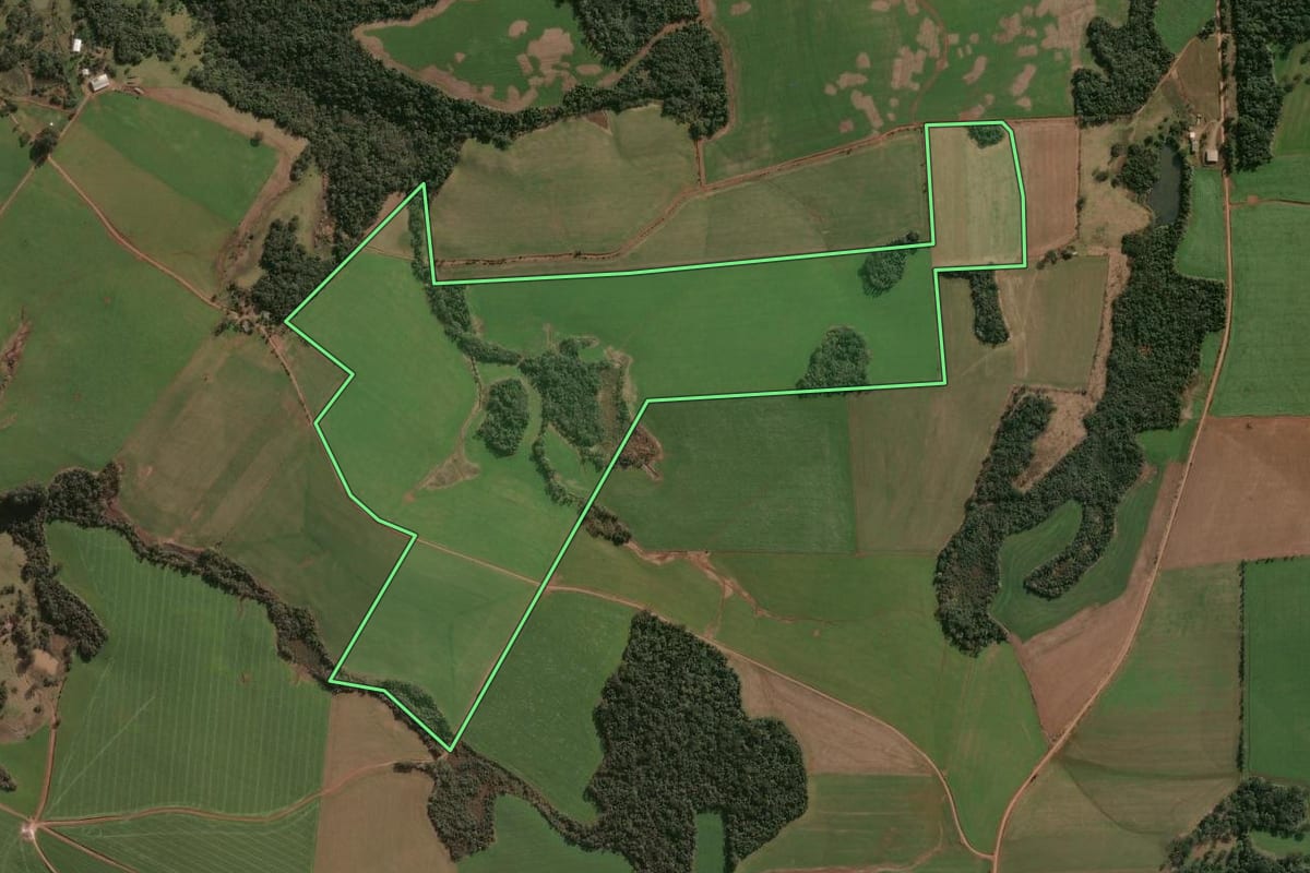 Imagem de satélite do imóvel rural em Faxinalzinho (RS), com o contorno declarado no CAR desenhado por cima.
