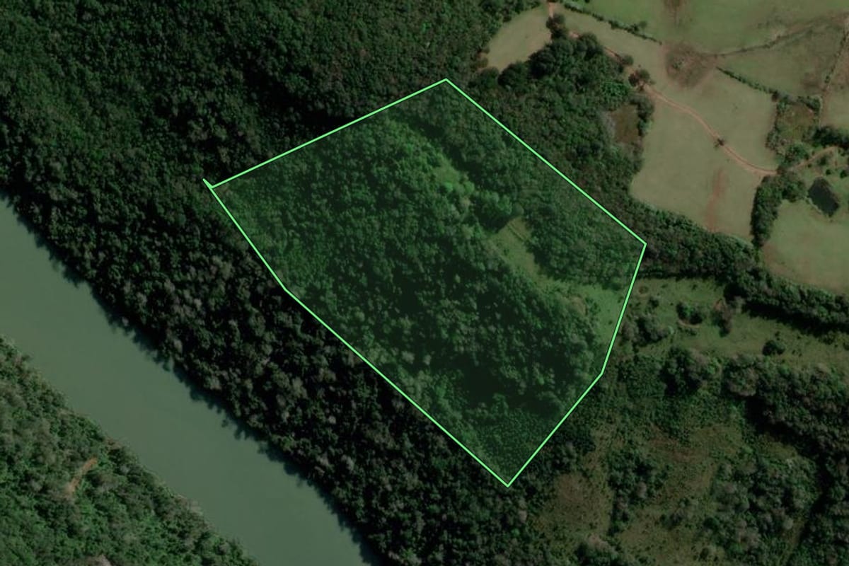 Imagem de satélite do imóvel rural em Faxinalzinho (RS), com o contorno declarado no CAR desenhado por cima.