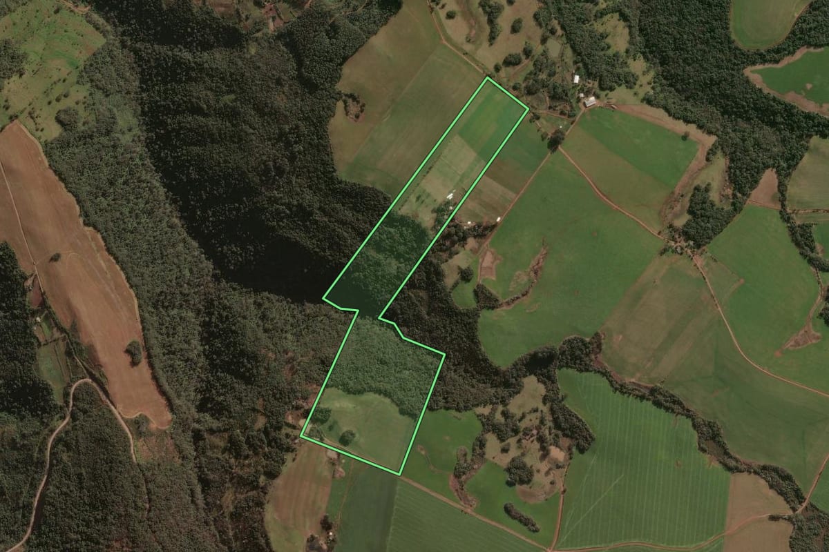 Imagem de satélite do imóvel rural em Faxinalzinho (RS), com o contorno declarado no CAR desenhado por cima.