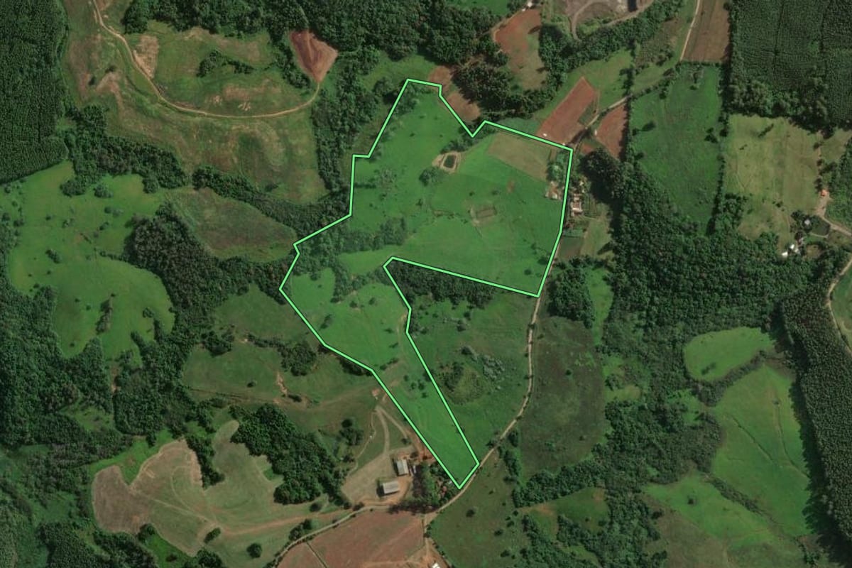 Imagem de satélite do imóvel rural em Fazenda Vilanova (RS), com o contorno declarado no CAR desenhado por cima.