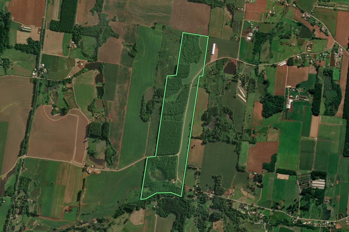 Imagem de satélite do imóvel rural em Fazenda Vilanova (RS), com o contorno declarado no CAR desenhado por cima.
