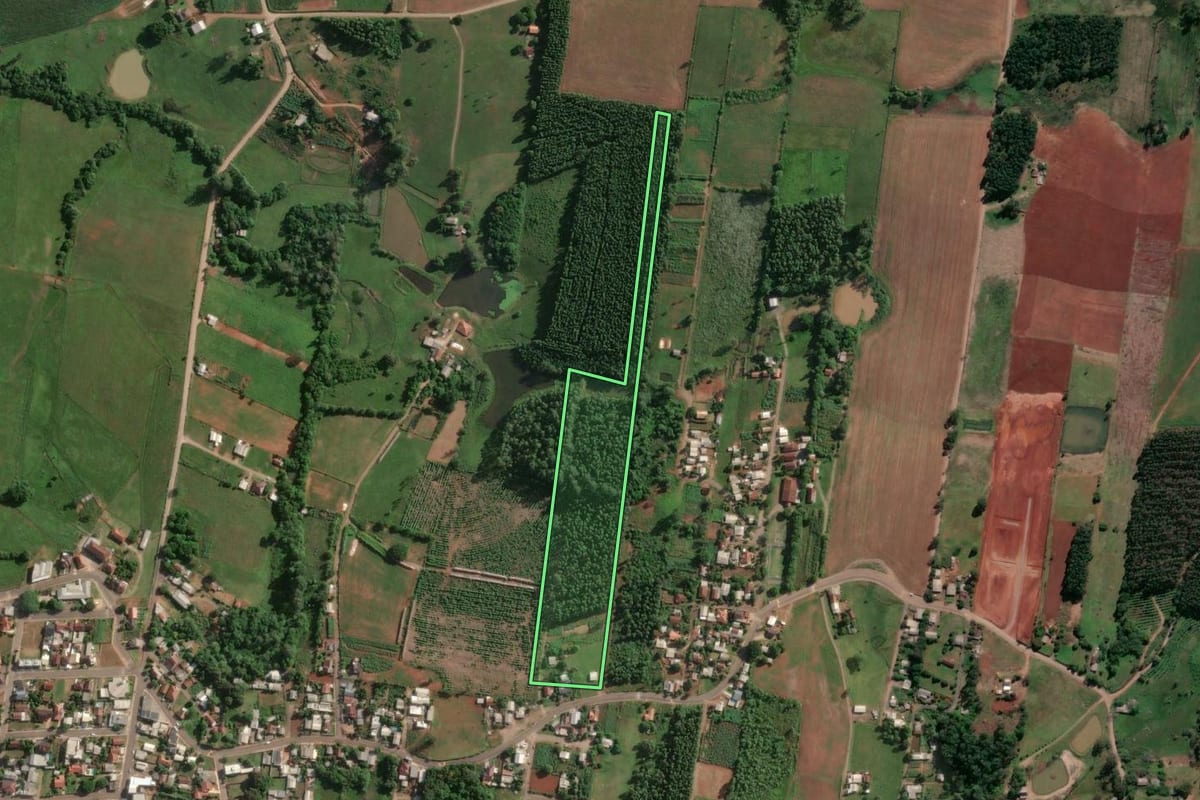 Imagem de satélite do imóvel rural em Fazenda Vilanova (RS), com o contorno declarado no CAR desenhado por cima.