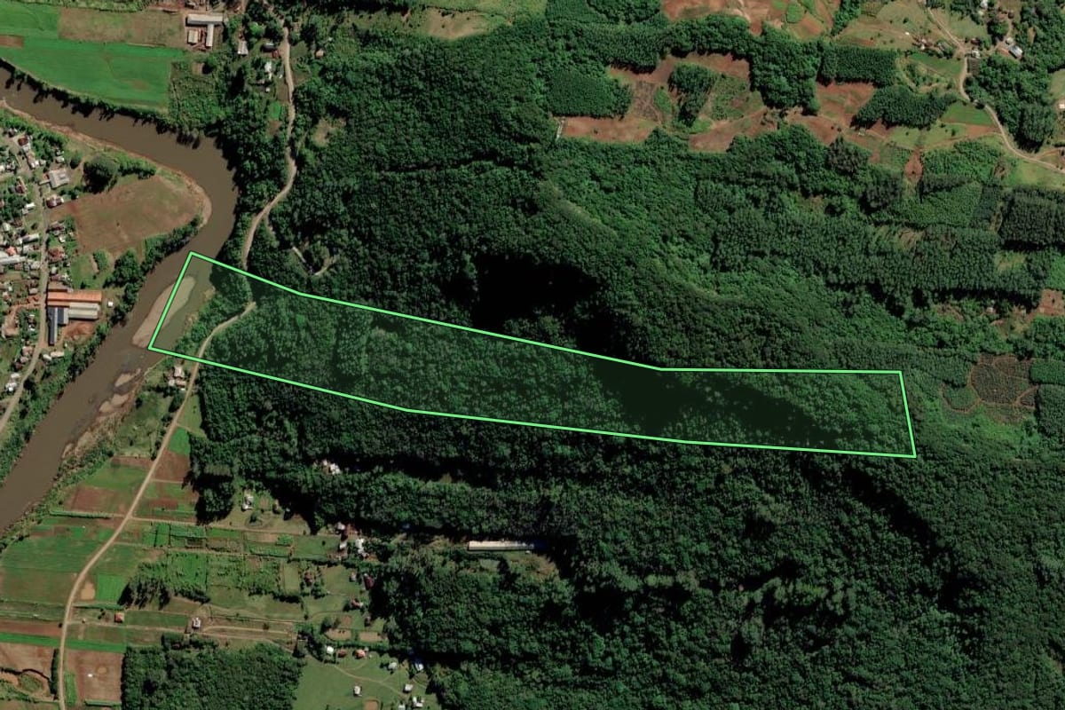 Imagem de satélite do imóvel rural em Feliz (RS), com o contorno declarado no CAR desenhado por cima.