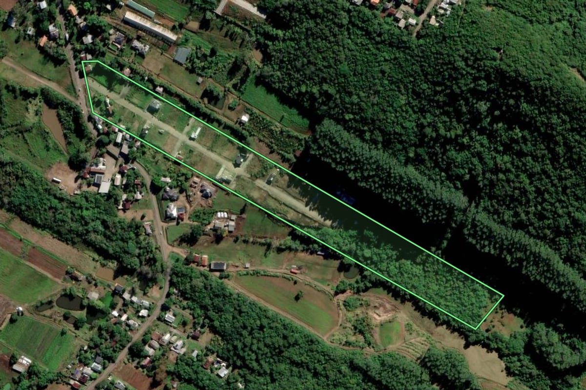 Imagem de satélite do imóvel rural em Feliz (RS), com o contorno declarado no CAR desenhado por cima.