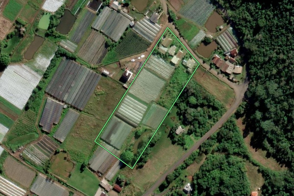 Imagem de satélite do imóvel rural em Feliz (RS), com o contorno declarado no CAR desenhado por cima.