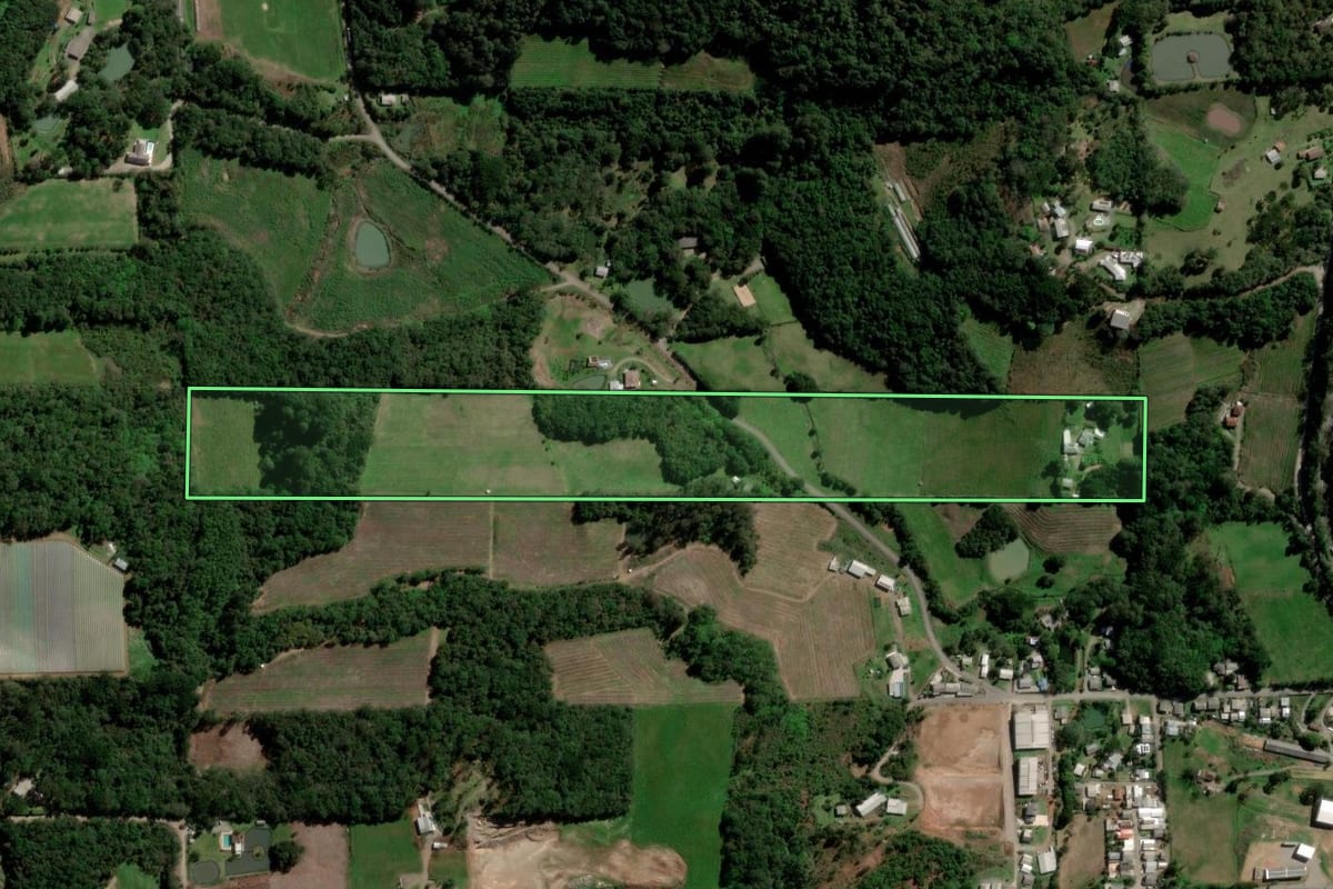 Imagem de satélite do imóvel rural em Flores da Cunha (RS), com o contorno declarado no CAR desenhado por cima.