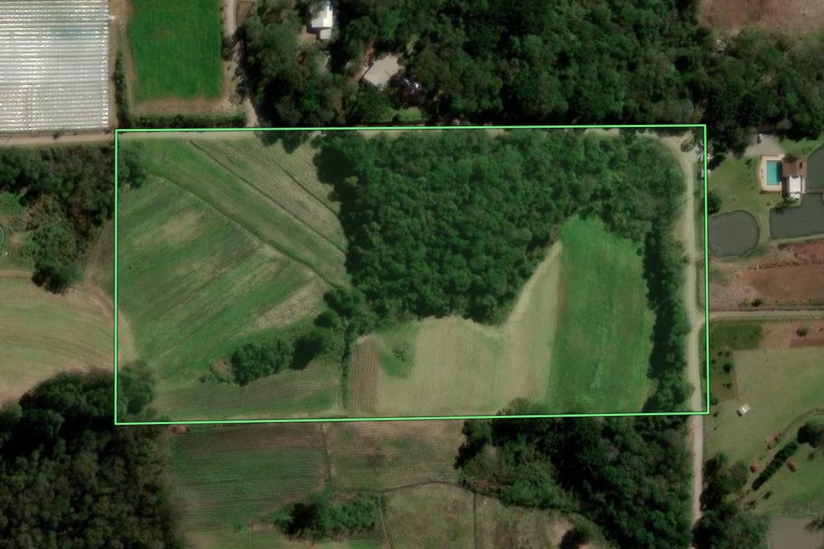 Imagem de satélite do imóvel rural em Flores da Cunha (RS), com o contorno declarado no CAR desenhado por cima.