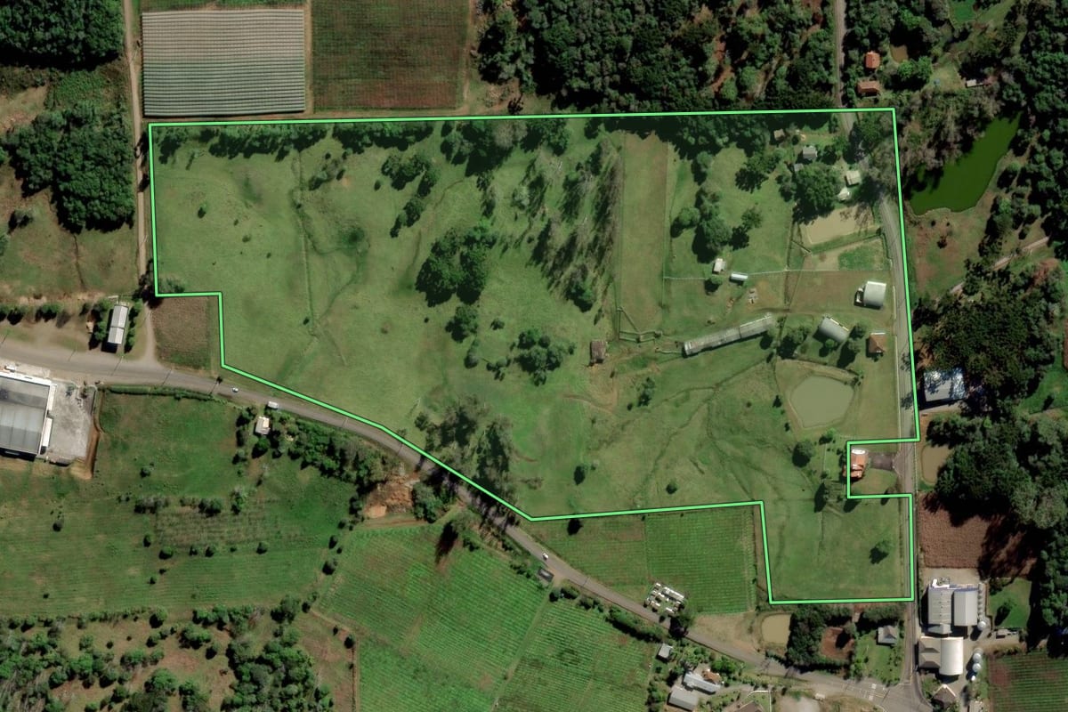 Imagem de satélite do imóvel rural em Flores da Cunha (RS), com o contorno declarado no CAR desenhado por cima.