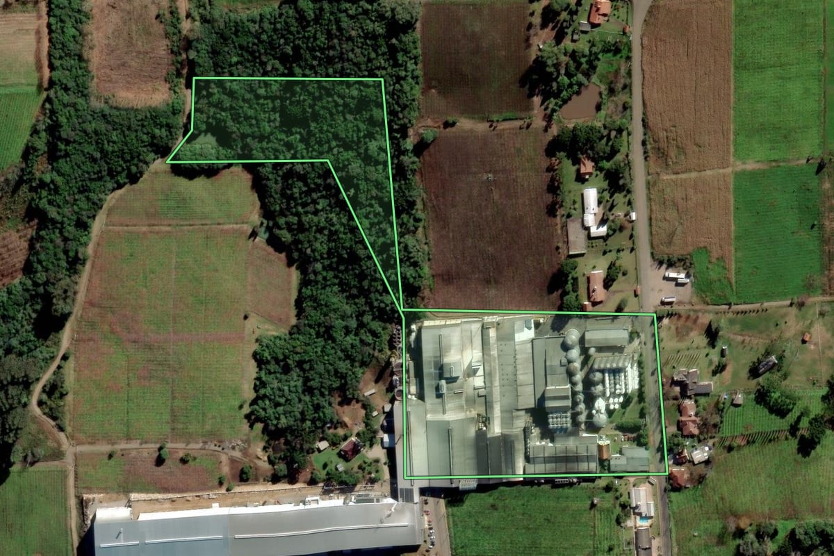 Imagem de satélite do imóvel rural em Flores da Cunha (RS), com o contorno declarado no CAR desenhado por cima.