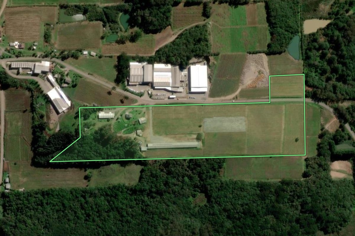Imagem de satélite do imóvel rural em Flores da Cunha (RS), com o contorno declarado no CAR desenhado por cima.