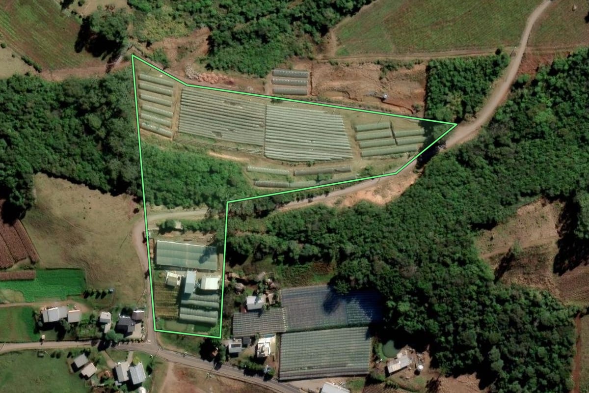 Imagem de satélite do imóvel rural em Flores da Cunha (RS), com o contorno declarado no CAR desenhado por cima.