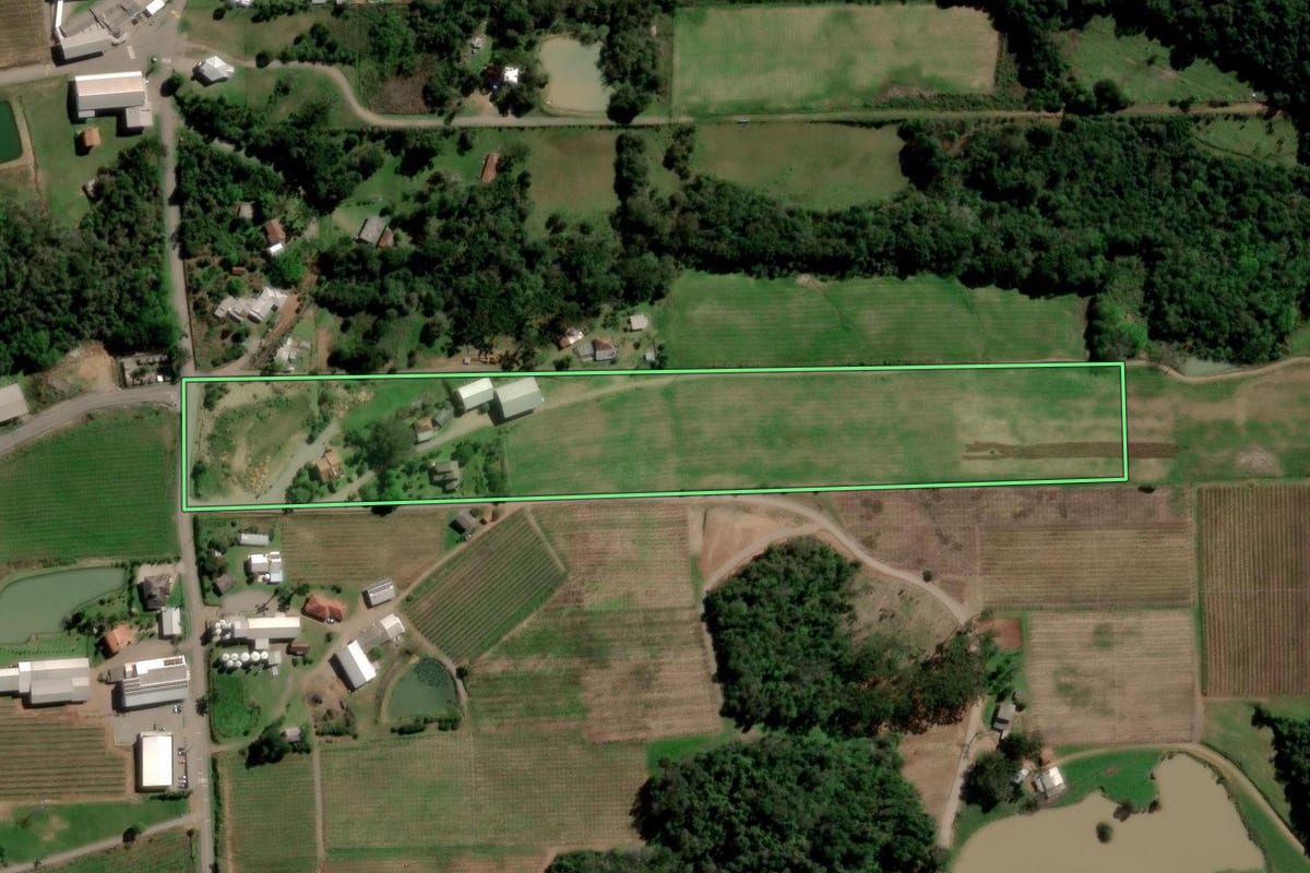 Imagem de satélite do imóvel rural em Flores da Cunha (RS), com o contorno declarado no CAR desenhado por cima.