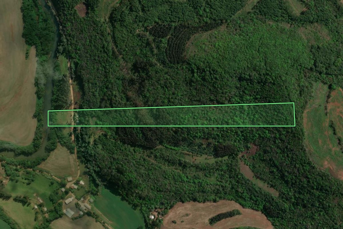 Imagem de satélite do imóvel rural em Floriano Peixoto (RS), com o contorno declarado no CAR desenhado por cima.