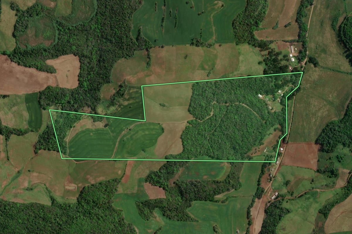 Imagem de satélite do imóvel rural em Floriano Peixoto (RS), com o contorno declarado no CAR desenhado por cima.