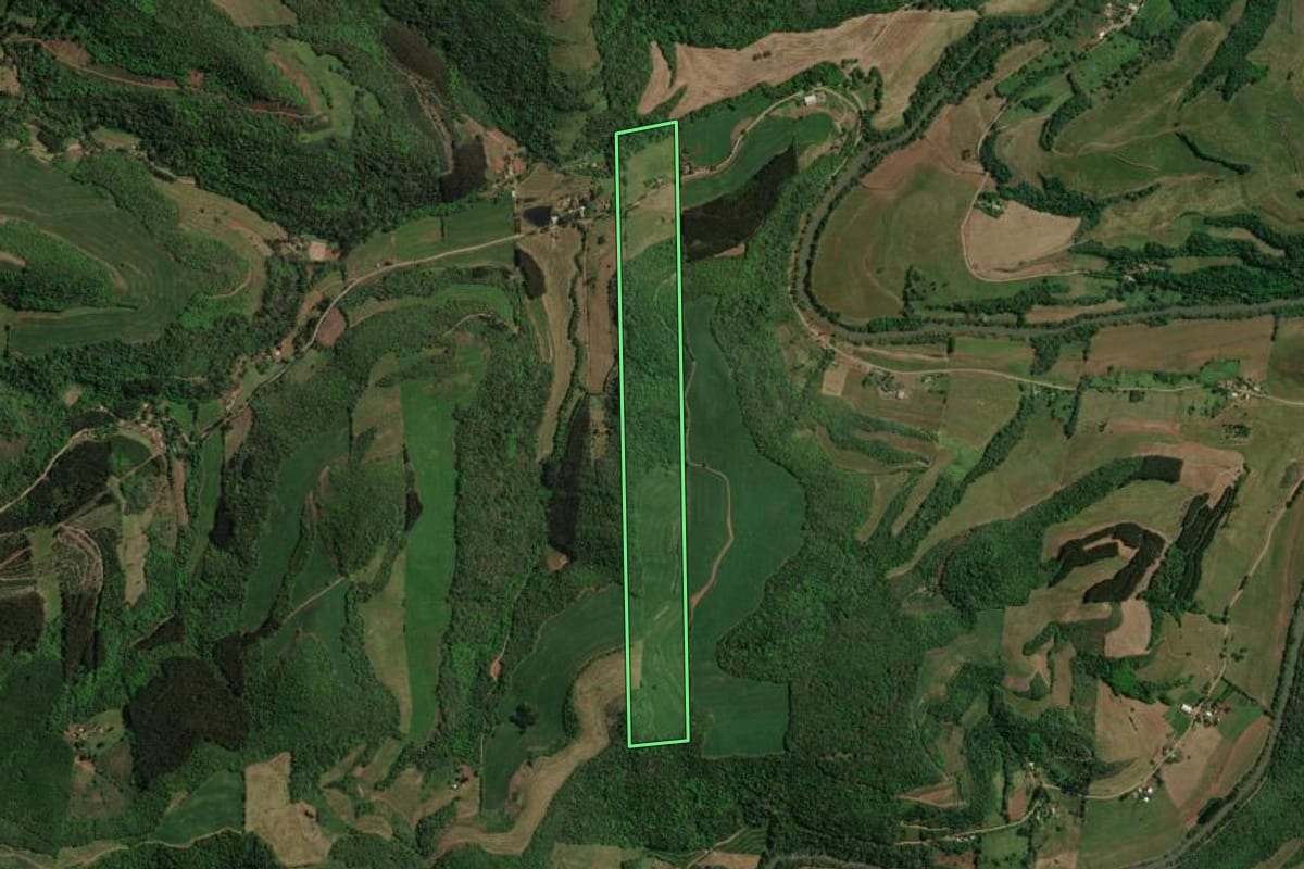 Imagem de satélite do imóvel rural em Floriano Peixoto (RS), com o contorno declarado no CAR desenhado por cima.