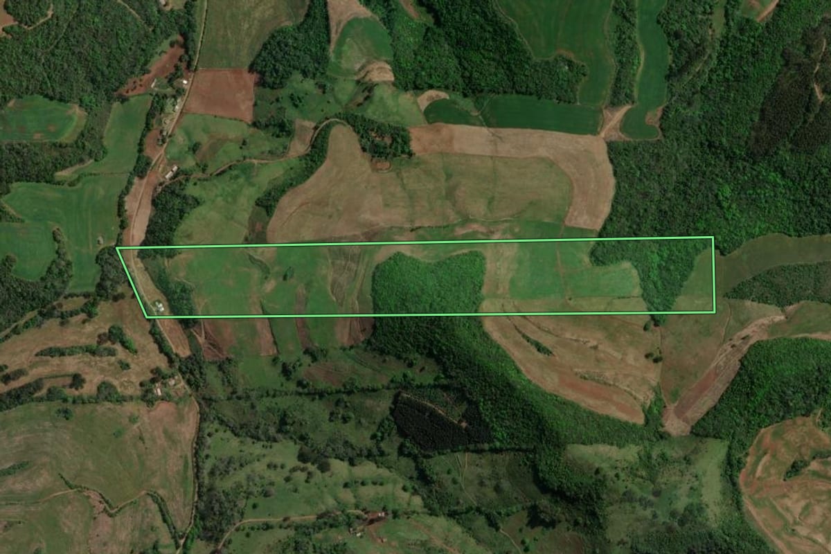 Imagem de satélite do imóvel rural em Floriano Peixoto (RS), com o contorno declarado no CAR desenhado por cima.