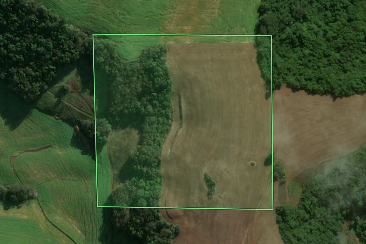 Imagem de satélite do imóvel rural em Floriano Peixoto (RS), com o contorno declarado no CAR desenhado por cima.