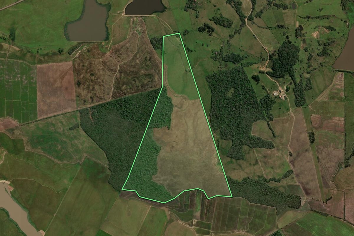 Imagem de satélite do imóvel rural em Formigueiro (RS), com o contorno declarado no CAR desenhado por cima.