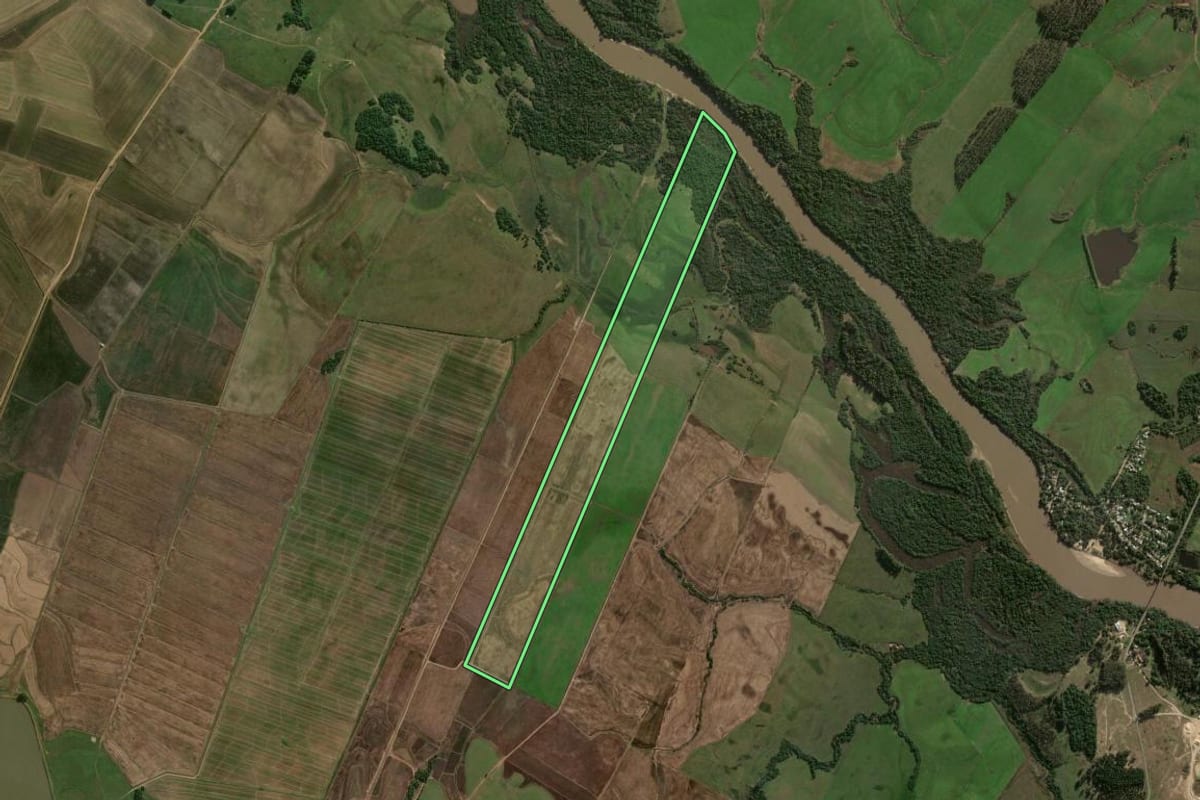 Imagem de satélite do imóvel rural em Formigueiro (RS), com o contorno declarado no CAR desenhado por cima.