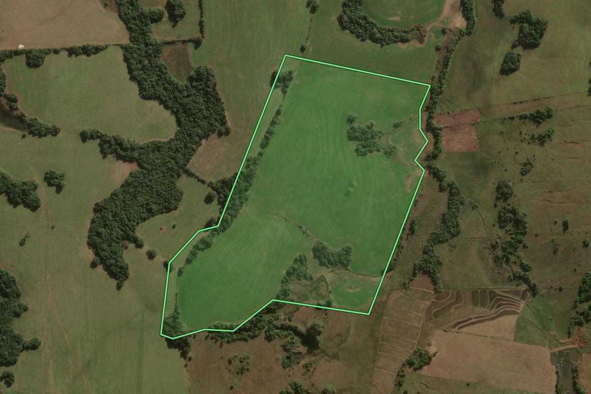 Imagem de satélite do imóvel rural em Formigueiro (RS), com o contorno declarado no CAR desenhado por cima.