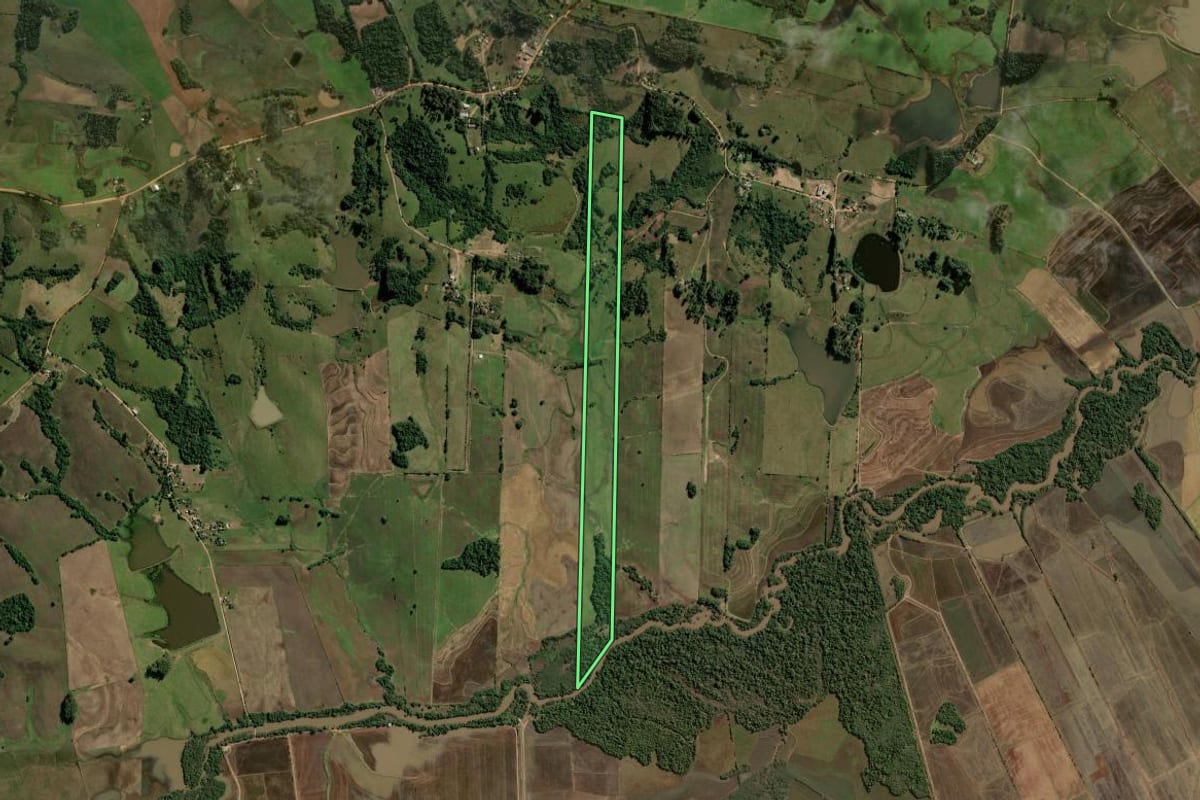 Imagem de satélite do imóvel rural em Formigueiro (RS), com o contorno declarado no CAR desenhado por cima.