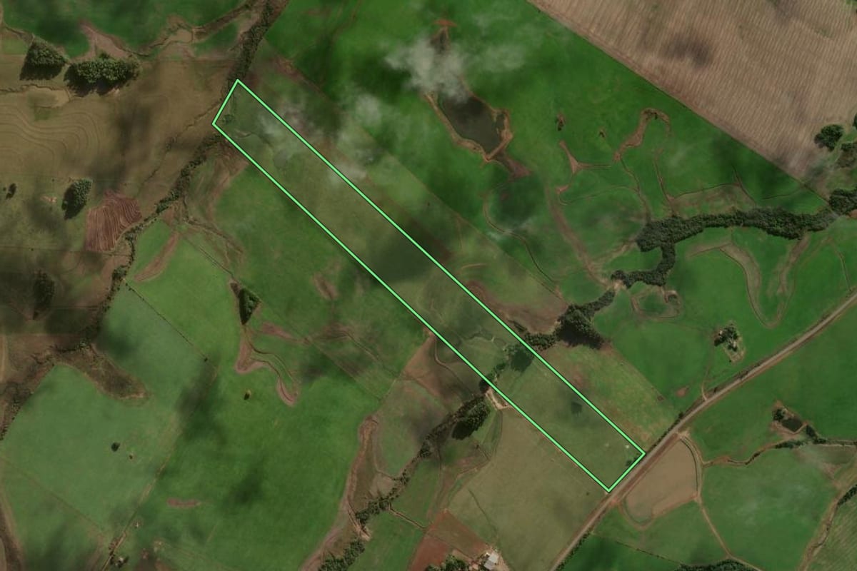 Imagem de satélite do imóvel rural em Formigueiro (RS), com o contorno declarado no CAR desenhado por cima.
