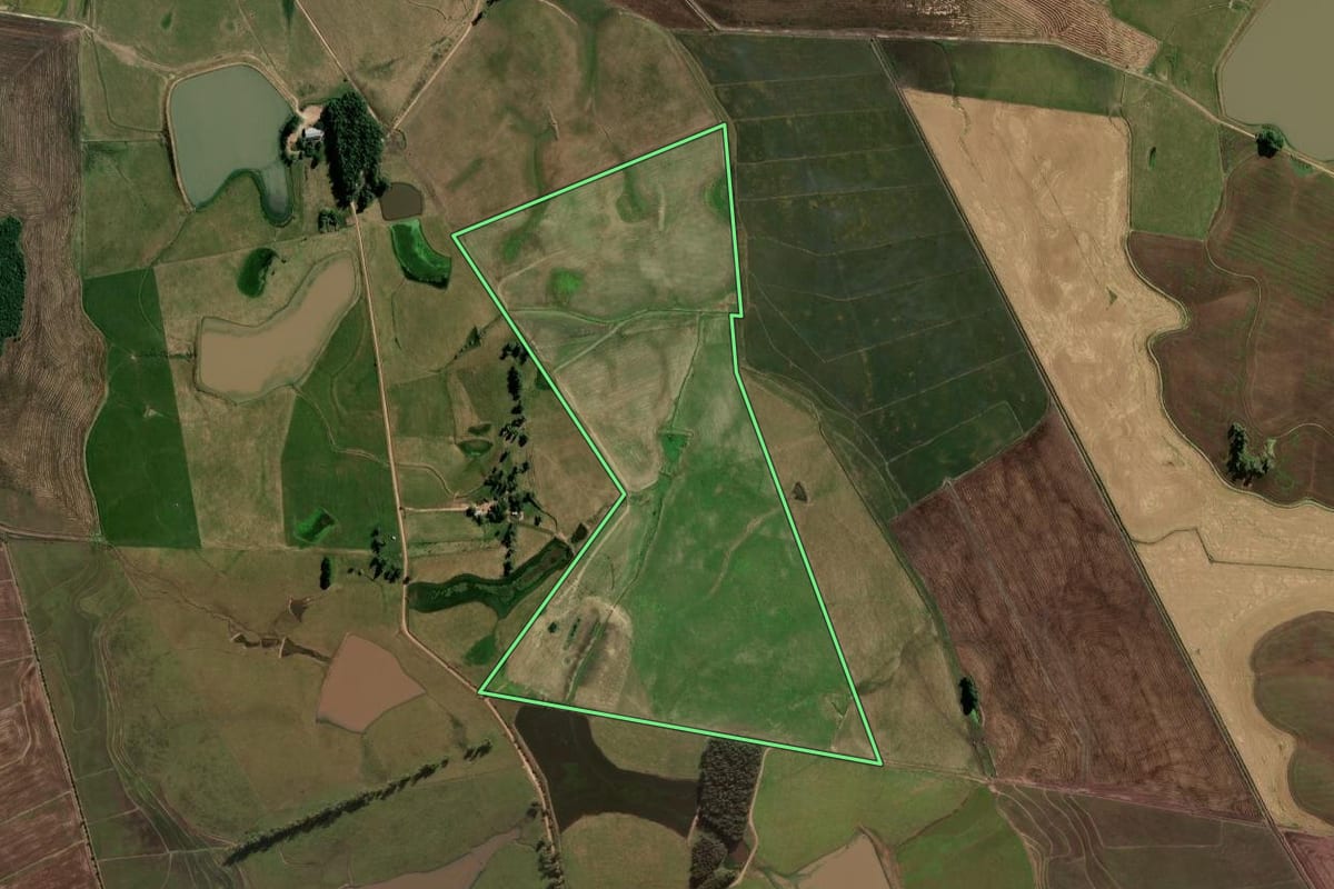 Imagem de satélite do imóvel rural em Formigueiro (RS), com o contorno declarado no CAR desenhado por cima.