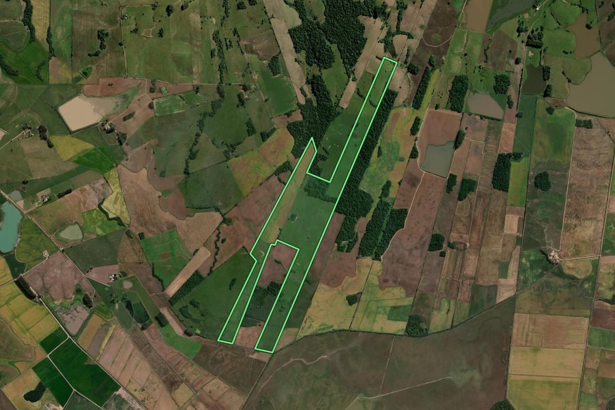 Imagem de satélite do imóvel rural em Formigueiro (RS), com o contorno declarado no CAR desenhado por cima.