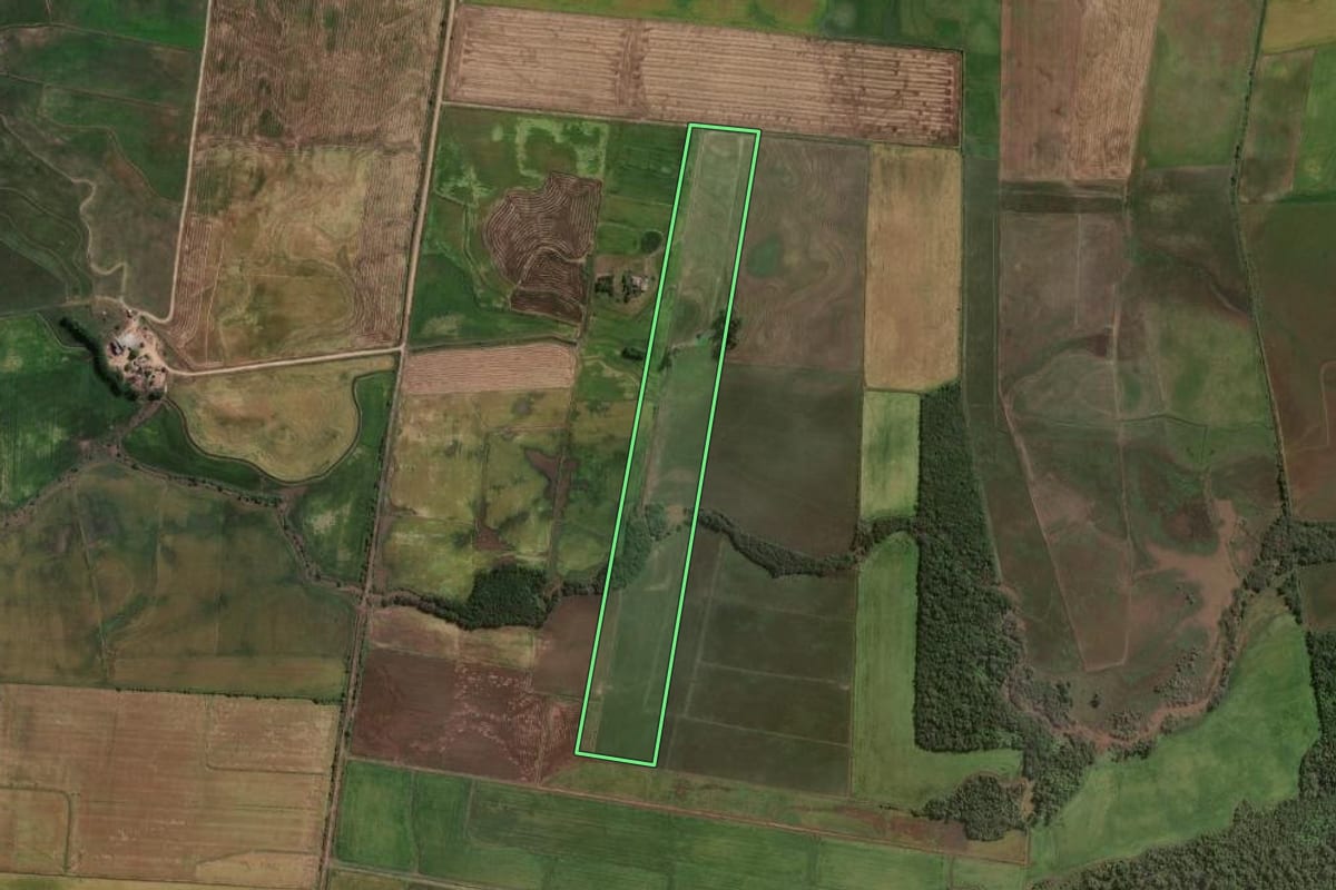 Imagem de satélite do imóvel rural em Formigueiro (RS), com o contorno declarado no CAR desenhado por cima.