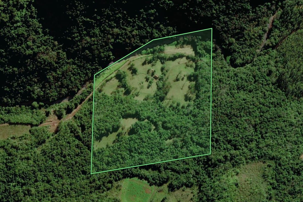 Imagem de satélite do imóvel rural em Forquetinha (RS), com o contorno declarado no CAR desenhado por cima.