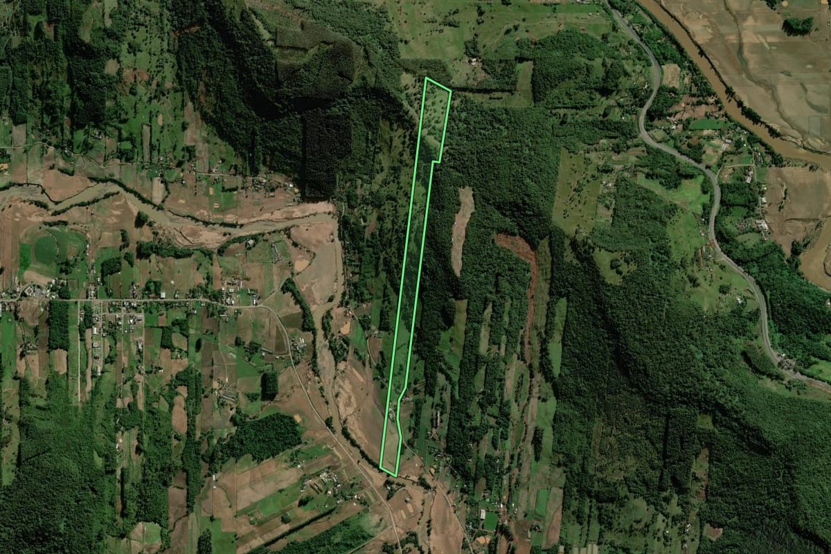 Imagem de satélite do imóvel rural em Forquetinha (RS), com o contorno declarado no CAR desenhado por cima.