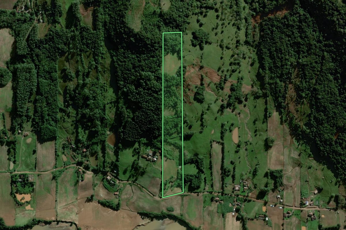 Imagem de satélite do imóvel rural em Forquetinha (RS), com o contorno declarado no CAR desenhado por cima.