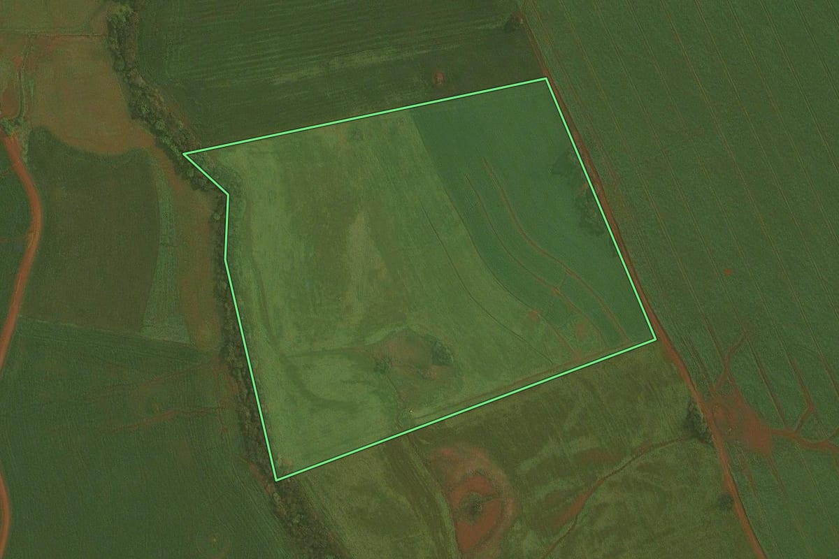 Imagem de satélite do imóvel rural em Fortaleza dos Valos (RS), com o contorno declarado no CAR desenhado por cima.