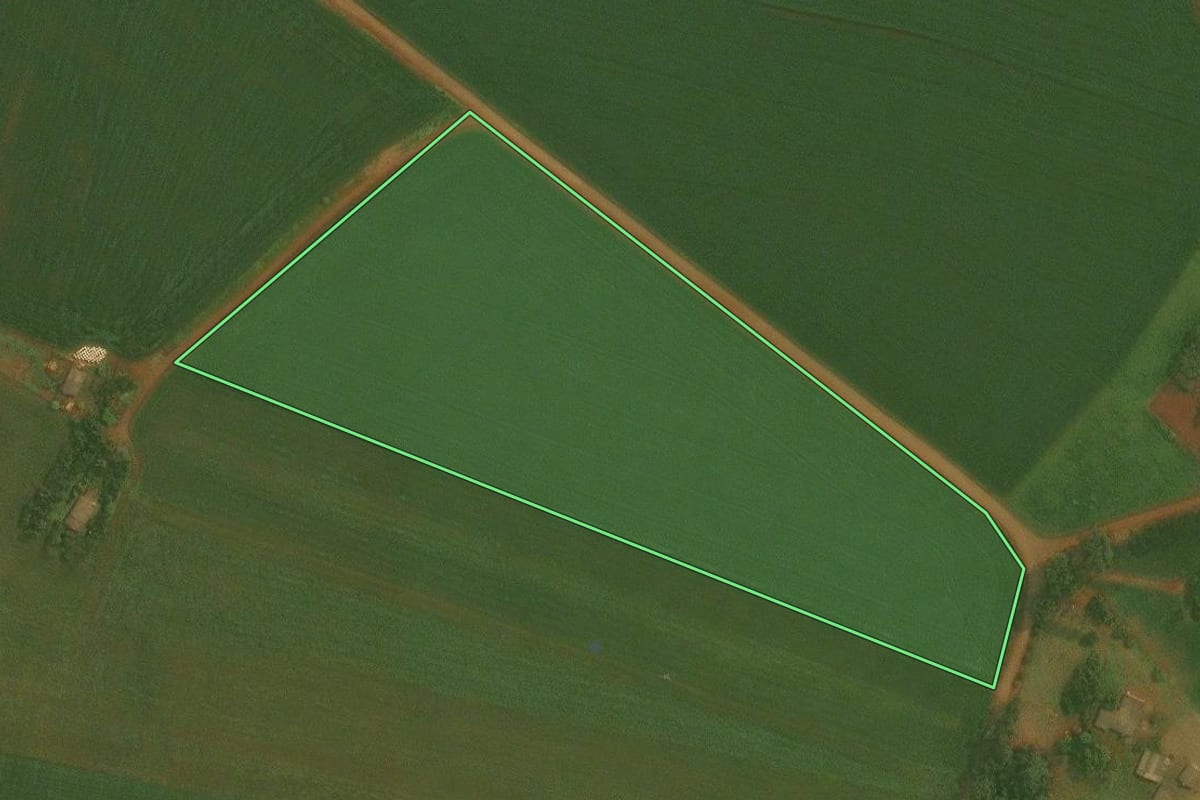 Imagem de satélite do imóvel rural em Fortaleza dos Valos (RS), com o contorno declarado no CAR desenhado por cima.