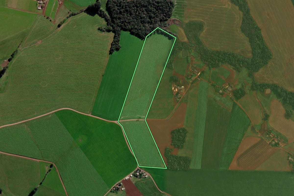 Imagem de satélite do imóvel rural em Fortaleza dos Valos (RS), com o contorno declarado no CAR desenhado por cima.