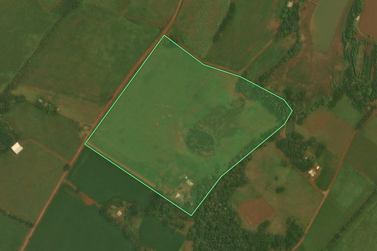Imagem de satélite do imóvel rural em Fortaleza dos Valos (RS), com o contorno declarado no CAR desenhado por cima.
