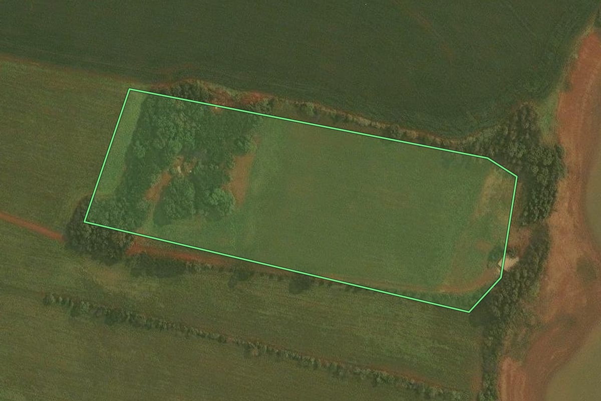 Imagem de satélite do imóvel rural em Fortaleza dos Valos (RS), com o contorno declarado no CAR desenhado por cima.