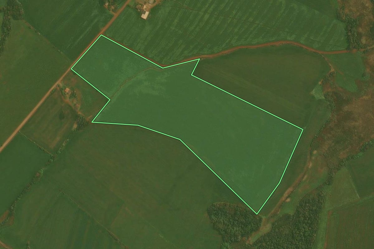 Imagem de satélite do imóvel rural em Fortaleza dos Valos (RS), com o contorno declarado no CAR desenhado por cima.