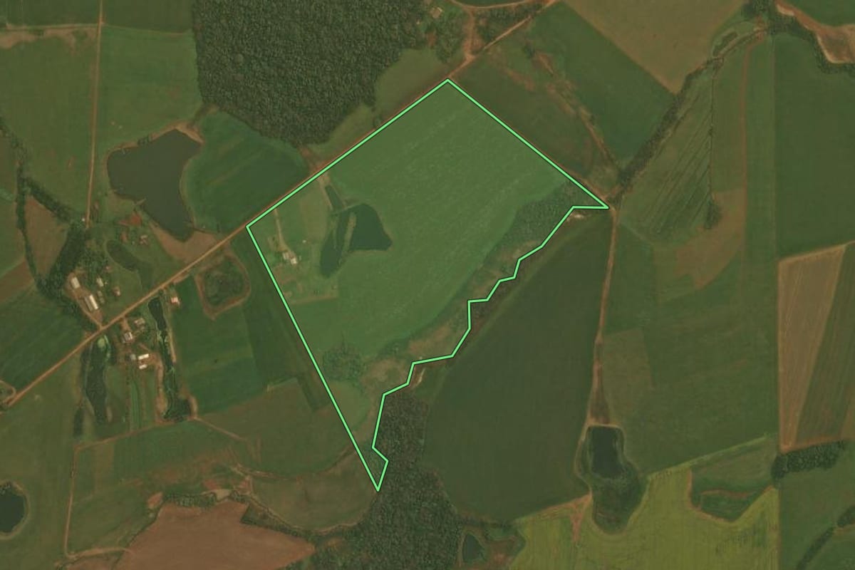 Imagem de satélite do imóvel rural em Fortaleza dos Valos (RS), com o contorno declarado no CAR desenhado por cima.
