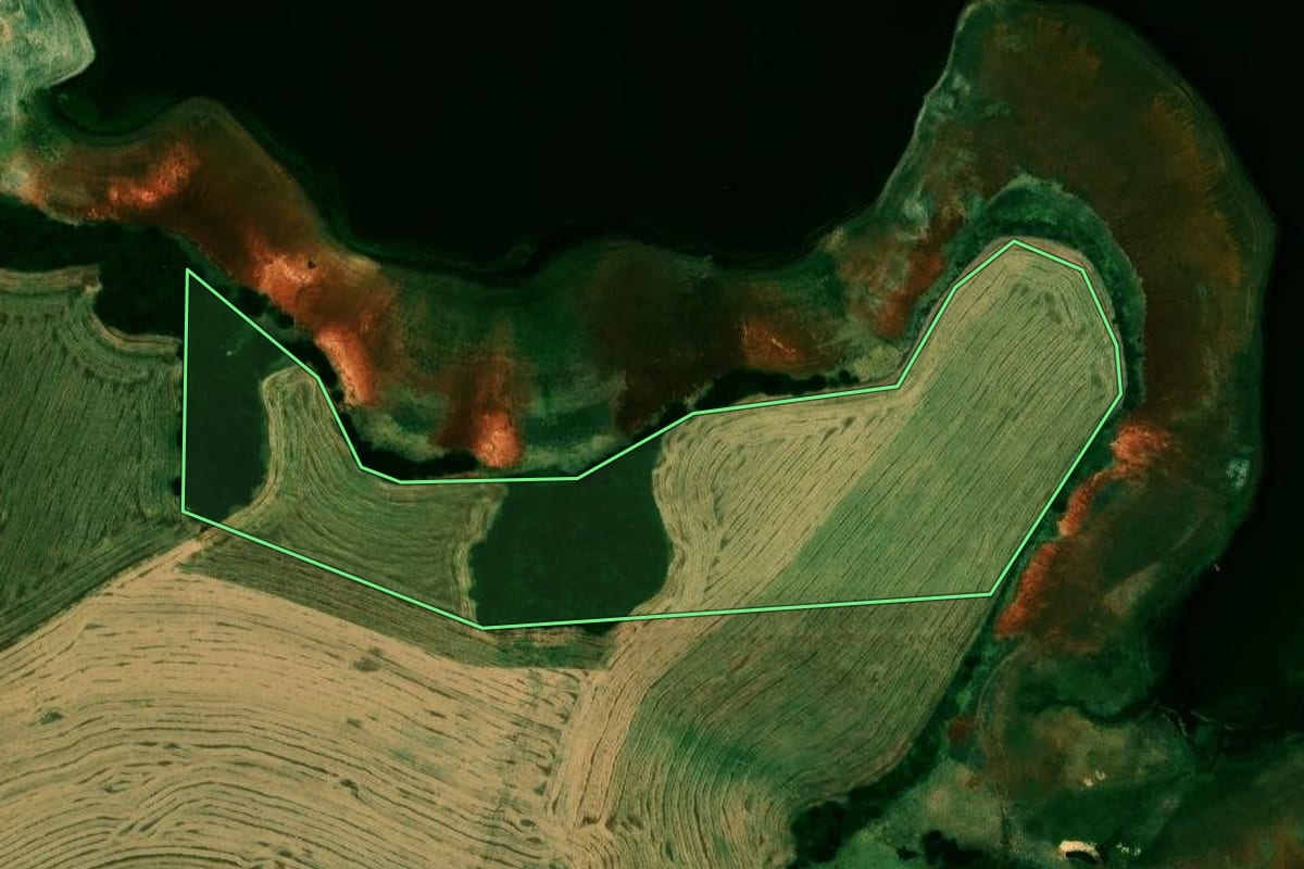 Imagem de satélite do imóvel rural em Fortaleza dos Valos (RS), com o contorno declarado no CAR desenhado por cima.
