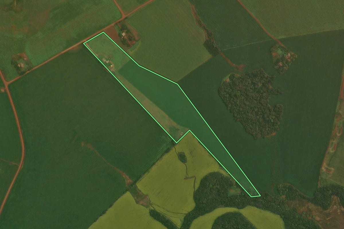 Imagem de satélite do imóvel rural em Fortaleza dos Valos (RS), com o contorno declarado no CAR desenhado por cima.