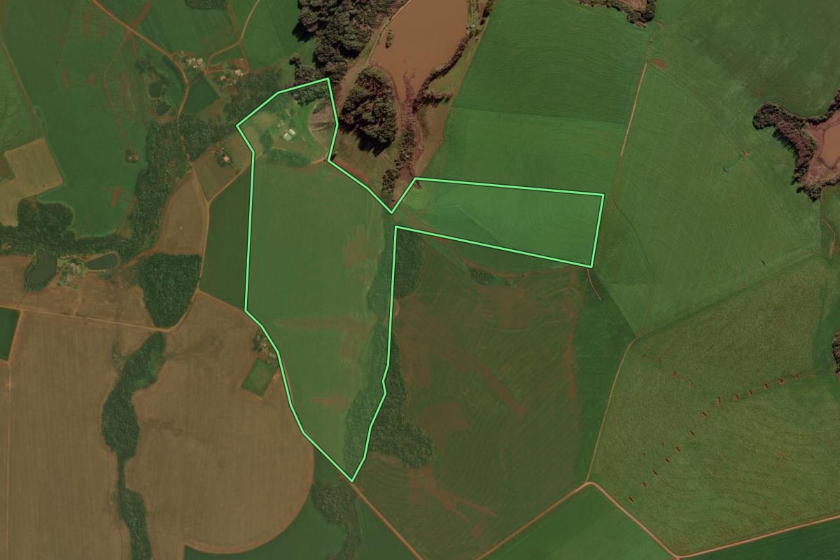 Imagem de satélite do imóvel rural em Fortaleza dos Valos (RS), com o contorno declarado no CAR desenhado por cima.