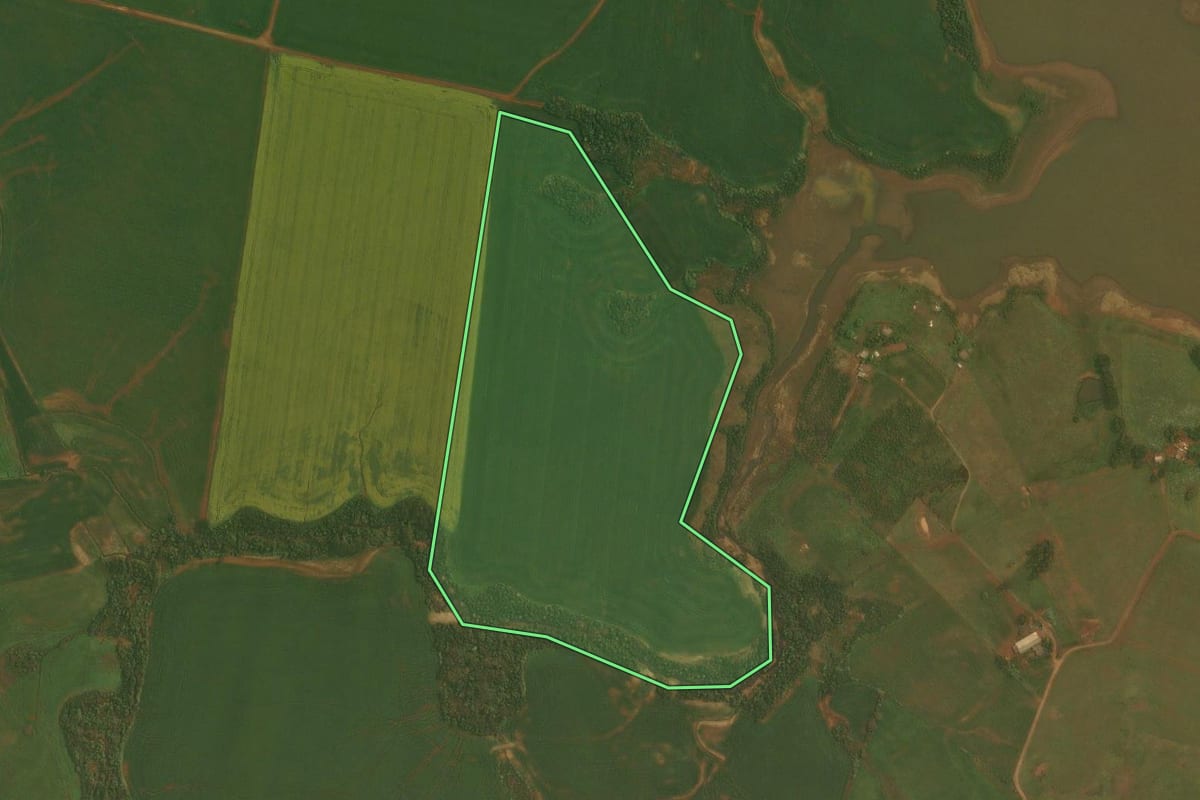 Imagem de satélite do imóvel rural em Fortaleza dos Valos (RS), com o contorno declarado no CAR desenhado por cima.