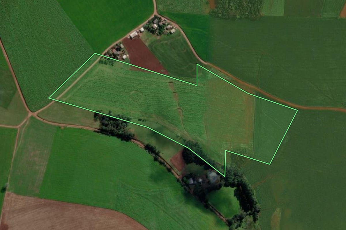 Imagem de satélite do imóvel rural em Fortaleza dos Valos (RS), com o contorno declarado no CAR desenhado por cima.
