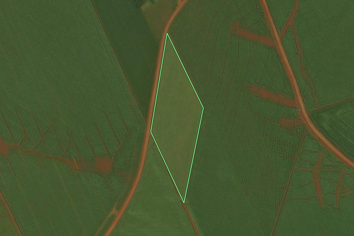 Imagem de satélite do imóvel rural em Fortaleza dos Valos (RS), com o contorno declarado no CAR desenhado por cima.