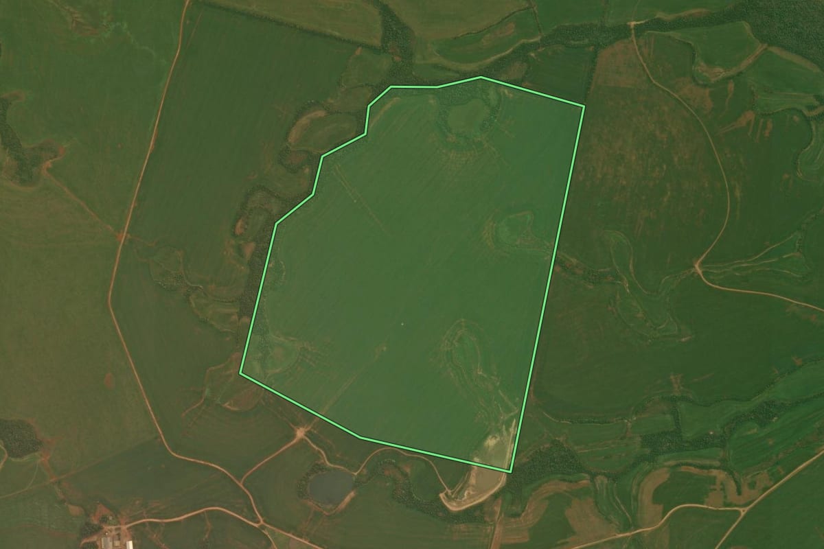 Imagem de satélite do imóvel rural em Fortaleza dos Valos (RS), com o contorno declarado no CAR desenhado por cima.
