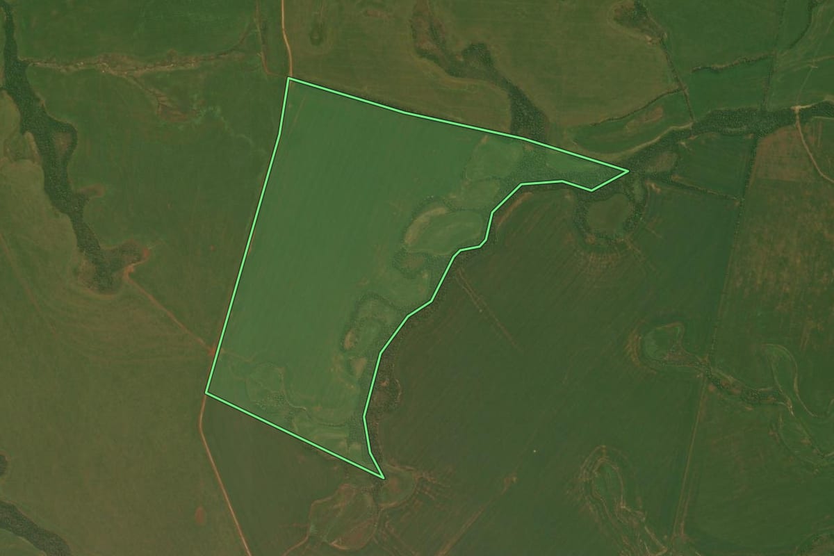 Imagem de satélite do imóvel rural em Fortaleza dos Valos (RS), com o contorno declarado no CAR desenhado por cima.