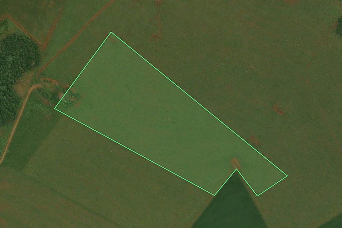 Imagem de satélite do imóvel rural em Fortaleza dos Valos (RS), com o contorno declarado no CAR desenhado por cima.