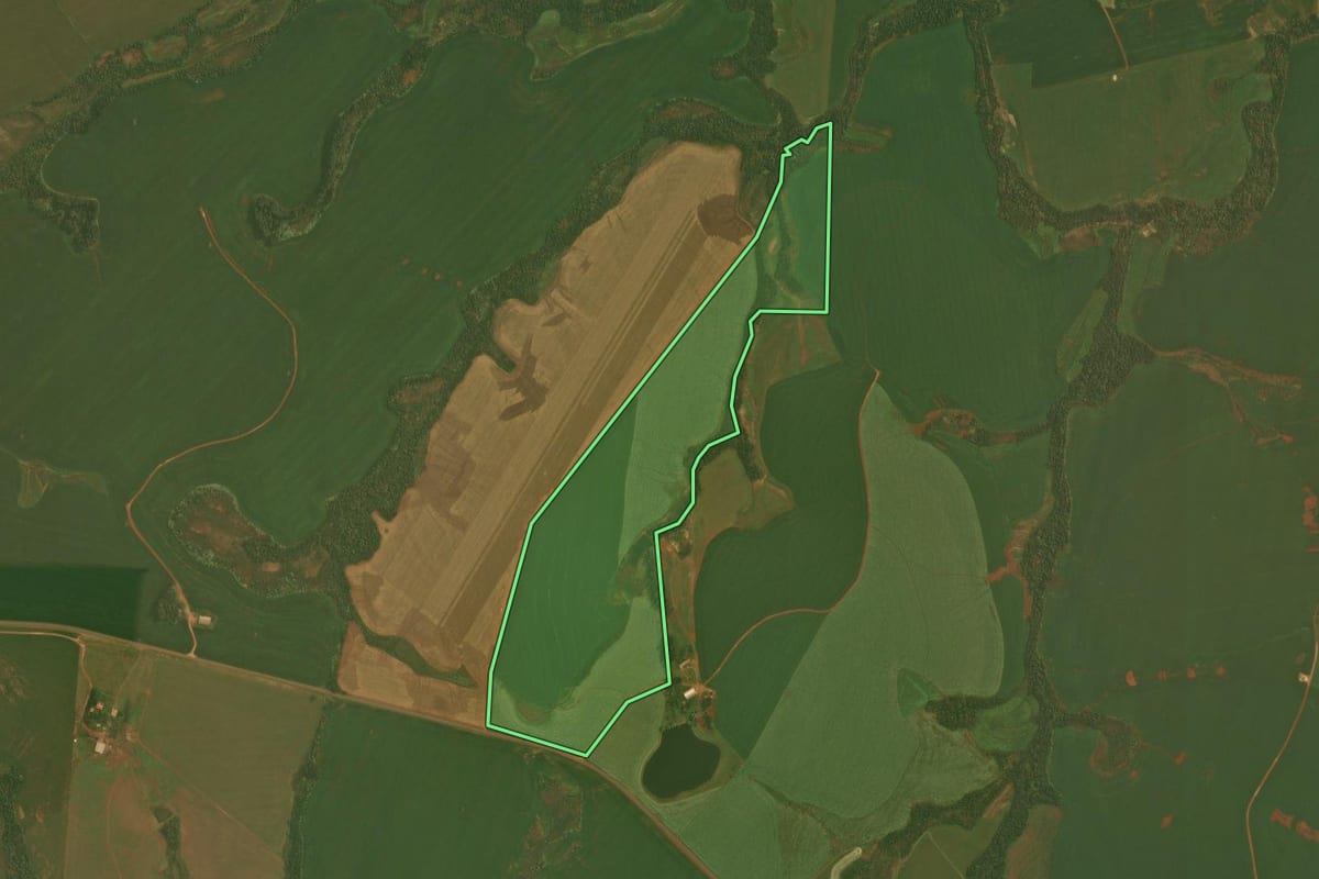 Imagem de satélite do imóvel rural em Fortaleza dos Valos (RS), com o contorno declarado no CAR desenhado por cima.